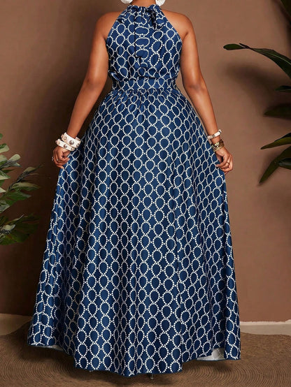 Geometric Sleeveless Halter Neck Slit Dress For Women In Polyester, Perfect For Vacation And Date Occasions