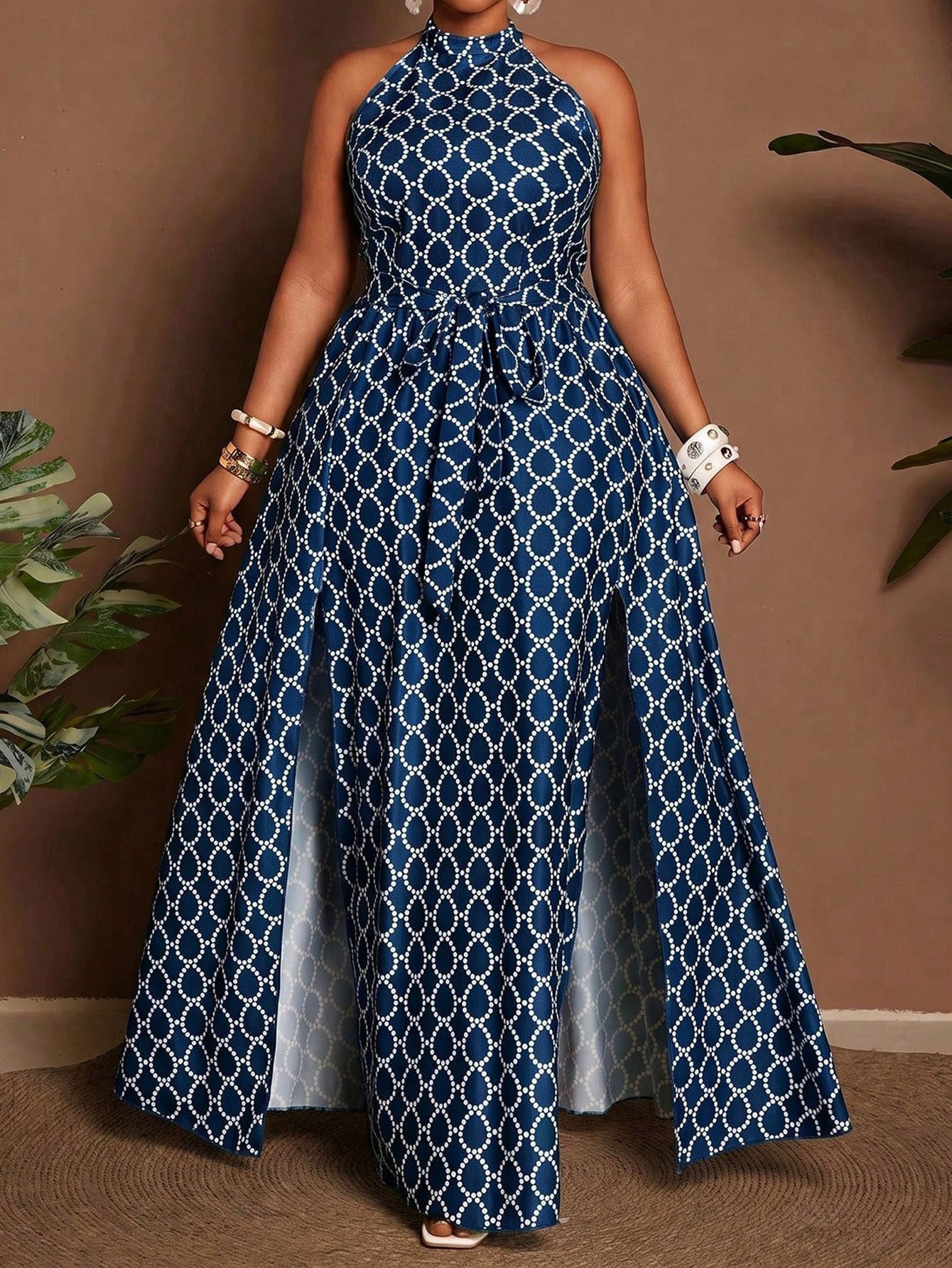 Geometric Sleeveless Halter Neck Slit Dress For Women In Polyester, Perfect For Vacation And Date Occasions