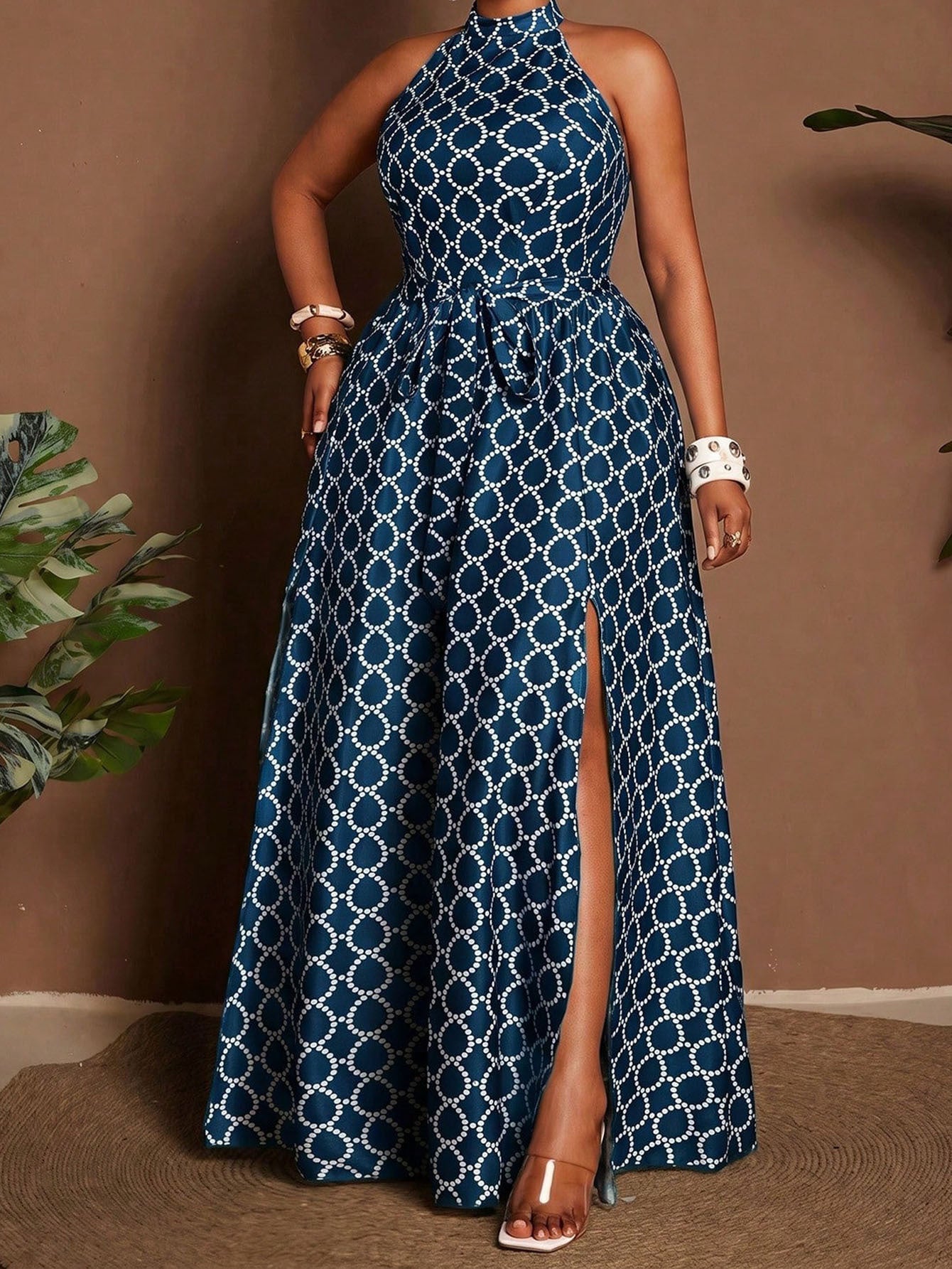 Geometric Sleeveless Halter Neck Slit Dress For Women In Polyester, Perfect For Vacation And Date Occasions