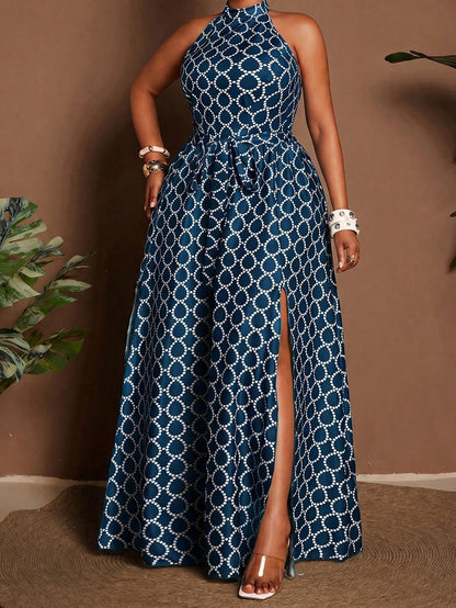 Geometric Sleeveless Halter Neck Slit Dress For Women In Polyester, Perfect For Vacation And Date Occasions