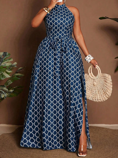 Geometric Sleeveless Halter Neck Slit Dress For Women In Polyester, Perfect For Vacation And Date Occasions