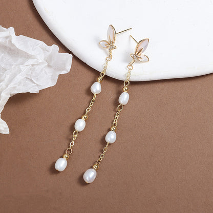 Simple Style Butterfly Earrings With 3-4mm Natural White Freshwater Button Pearls In 925 Sterling Silver For Women