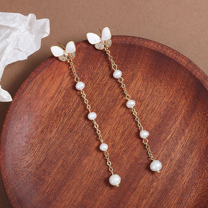 Simple Style Butterfly Earrings With 3-4mm Natural White Freshwater Button Pearls In 925 Sterling Silver For Women