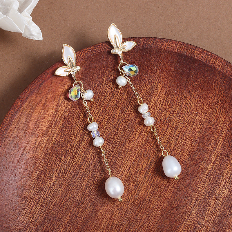 Simple Style Butterfly Earrings With 3-4mm Natural White Freshwater Button Pearls In 925 Sterling Silver For Women