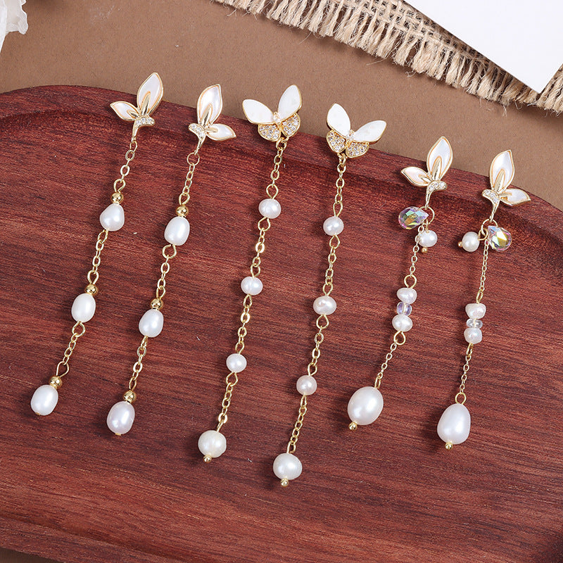 Simple Style Butterfly Earrings With 3-4mm Natural White Freshwater Button Pearls In 925 Sterling Silver For Women