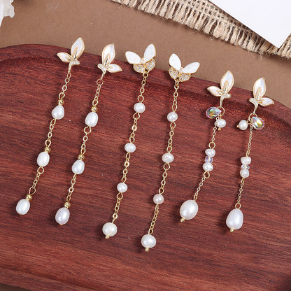 Simple Style Butterfly Earrings With 3-4mm Natural White Freshwater Button Pearls In 925 Sterling Silver For Women
