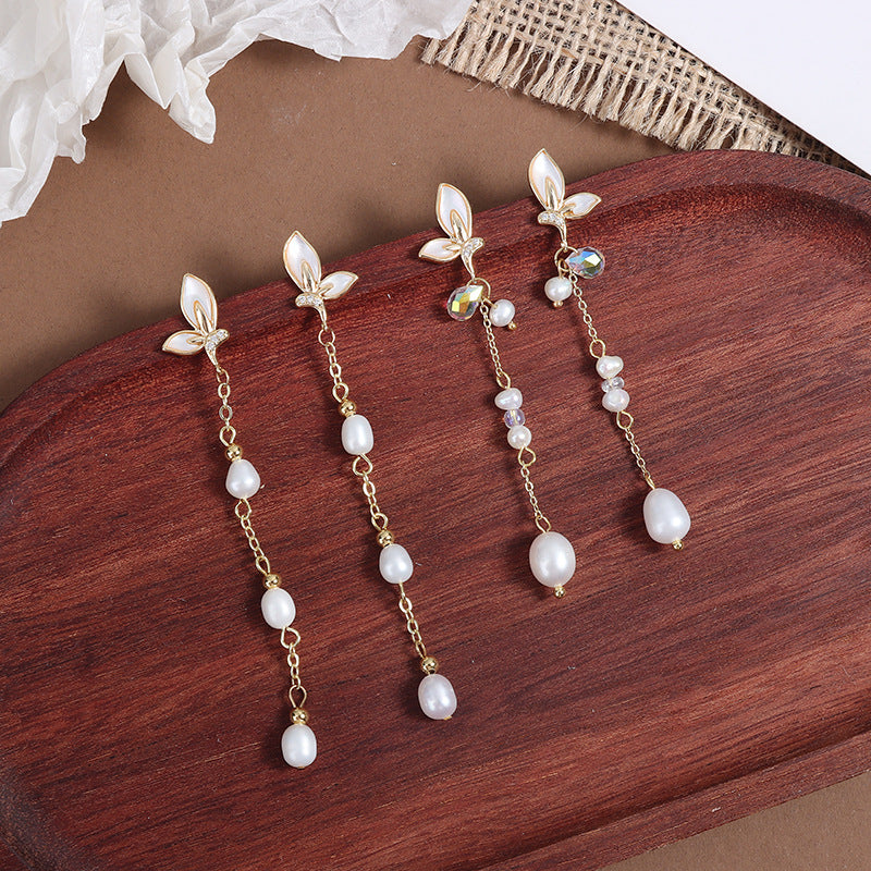 Simple Style Butterfly Earrings With 3-4mm Natural White Freshwater Button Pearls In 925 Sterling Silver For Women