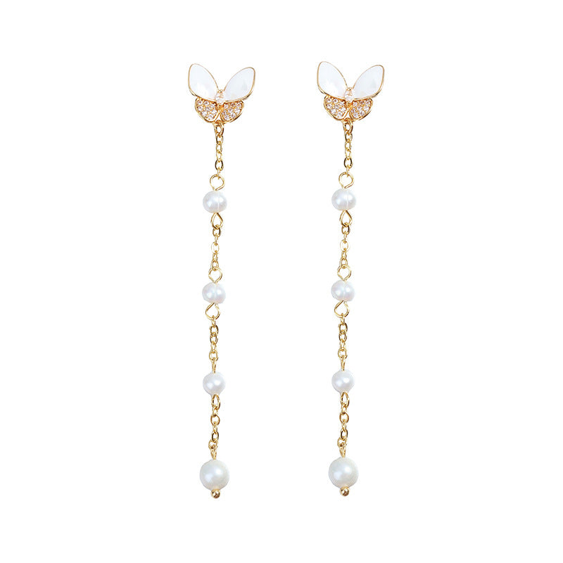 Simple Style Butterfly Earrings With 3-4mm Natural White Freshwater Button Pearls In 925 Sterling Silver For Women