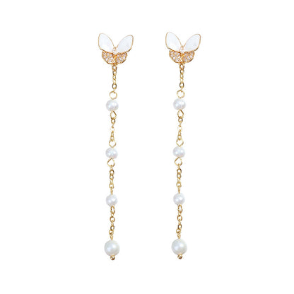 Simple Style Butterfly Earrings With 3-4mm Natural White Freshwater Button Pearls In 925 Sterling Silver For Women