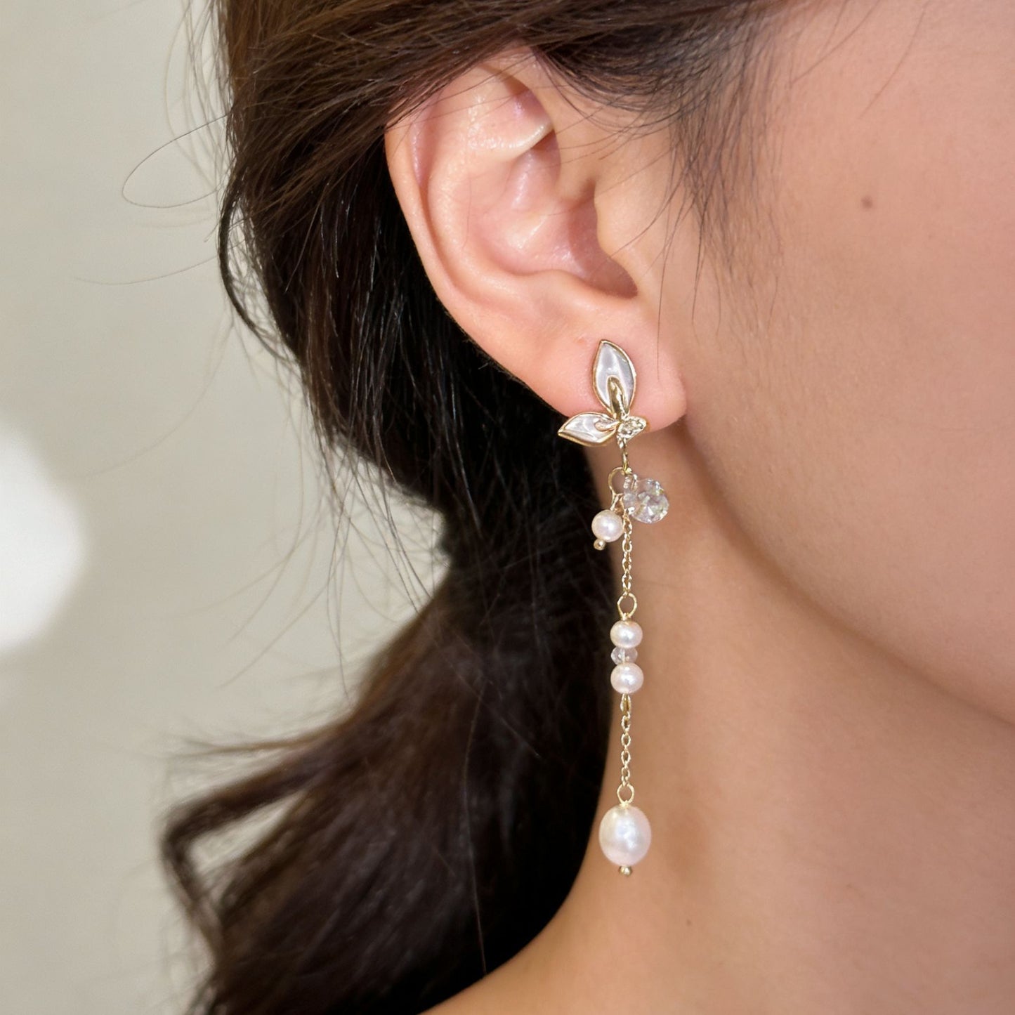 Simple Style Butterfly Earrings With 3-4mm Natural White Freshwater Button Pearls In 925 Sterling Silver For Women