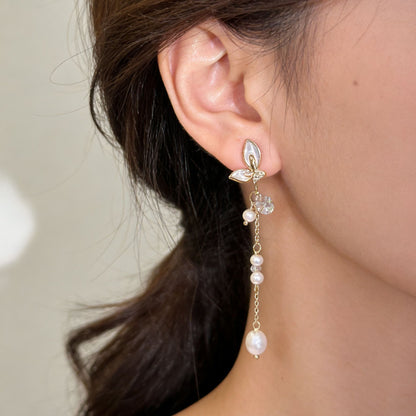 Simple Style Butterfly Earrings With 3-4mm Natural White Freshwater Button Pearls In 925 Sterling Silver For Women