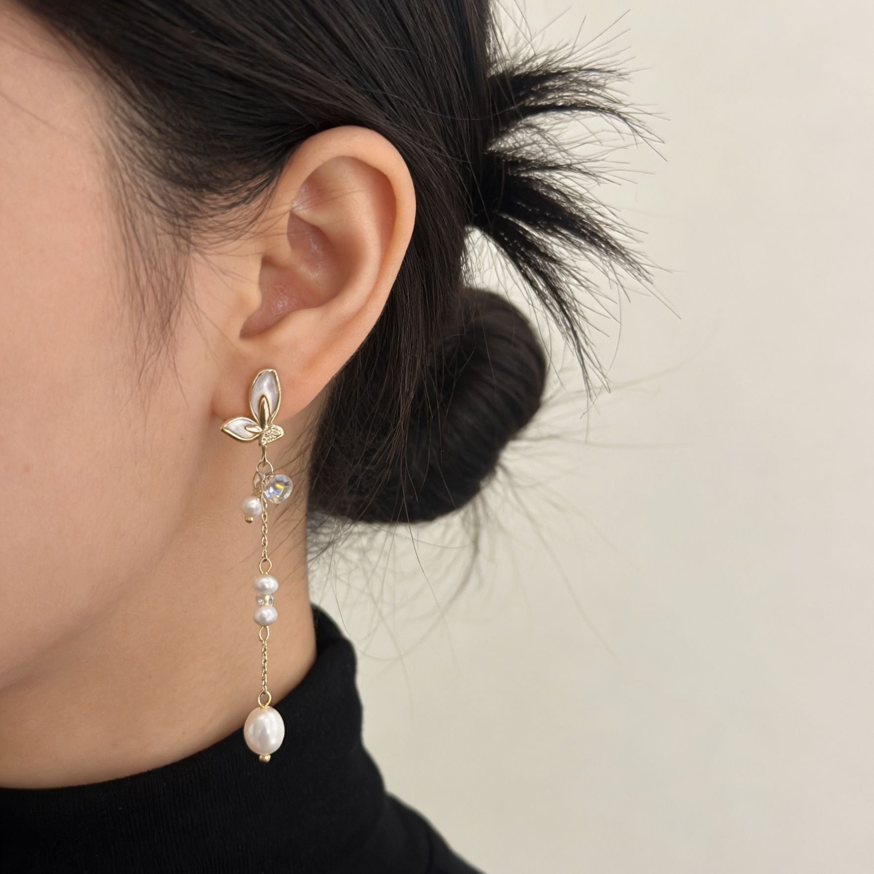 Simple Style Butterfly Earrings With 3-4mm Natural White Freshwater Button Pearls In 925 Sterling Silver For Women