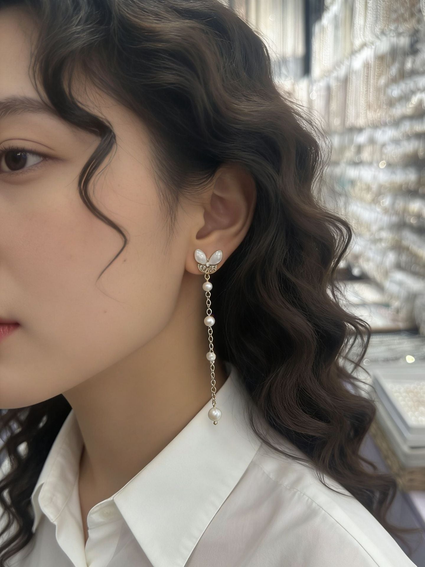 Simple Style Butterfly Earrings With 3-4mm Natural White Freshwater Button Pearls In 925 Sterling Silver For Women