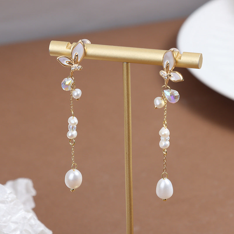 Simple Style Butterfly Earrings With 3-4mm Natural White Freshwater Button Pearls In 925 Sterling Silver For Women