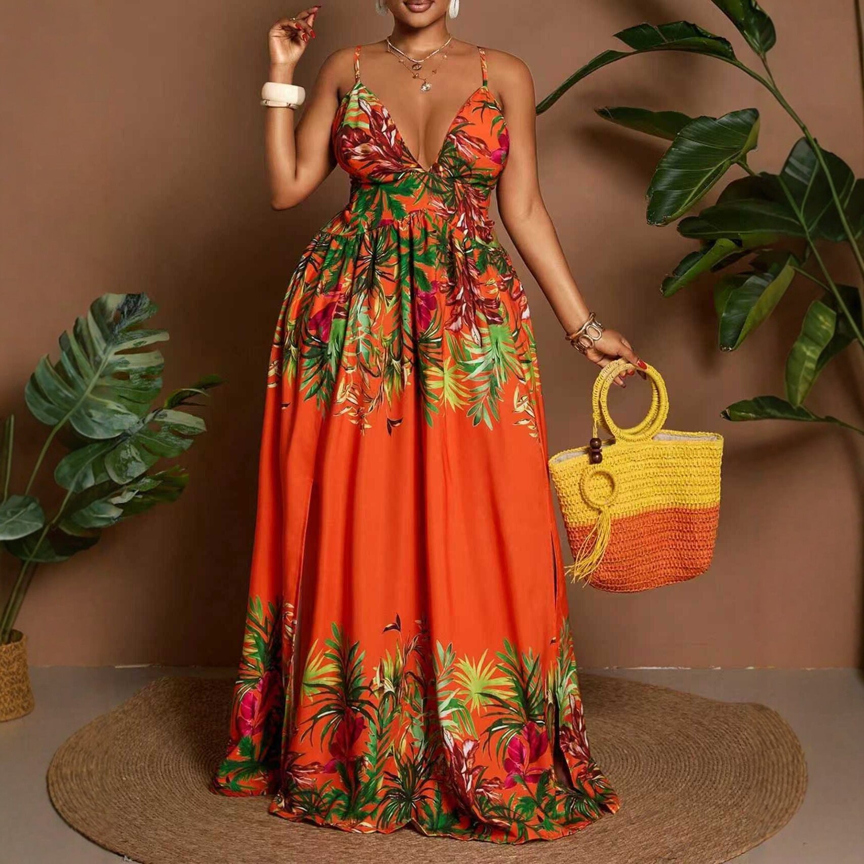 Women's Sleeveless V Neck Strap Dress In Polyester Fabric, Perfect For Travel And Vacation