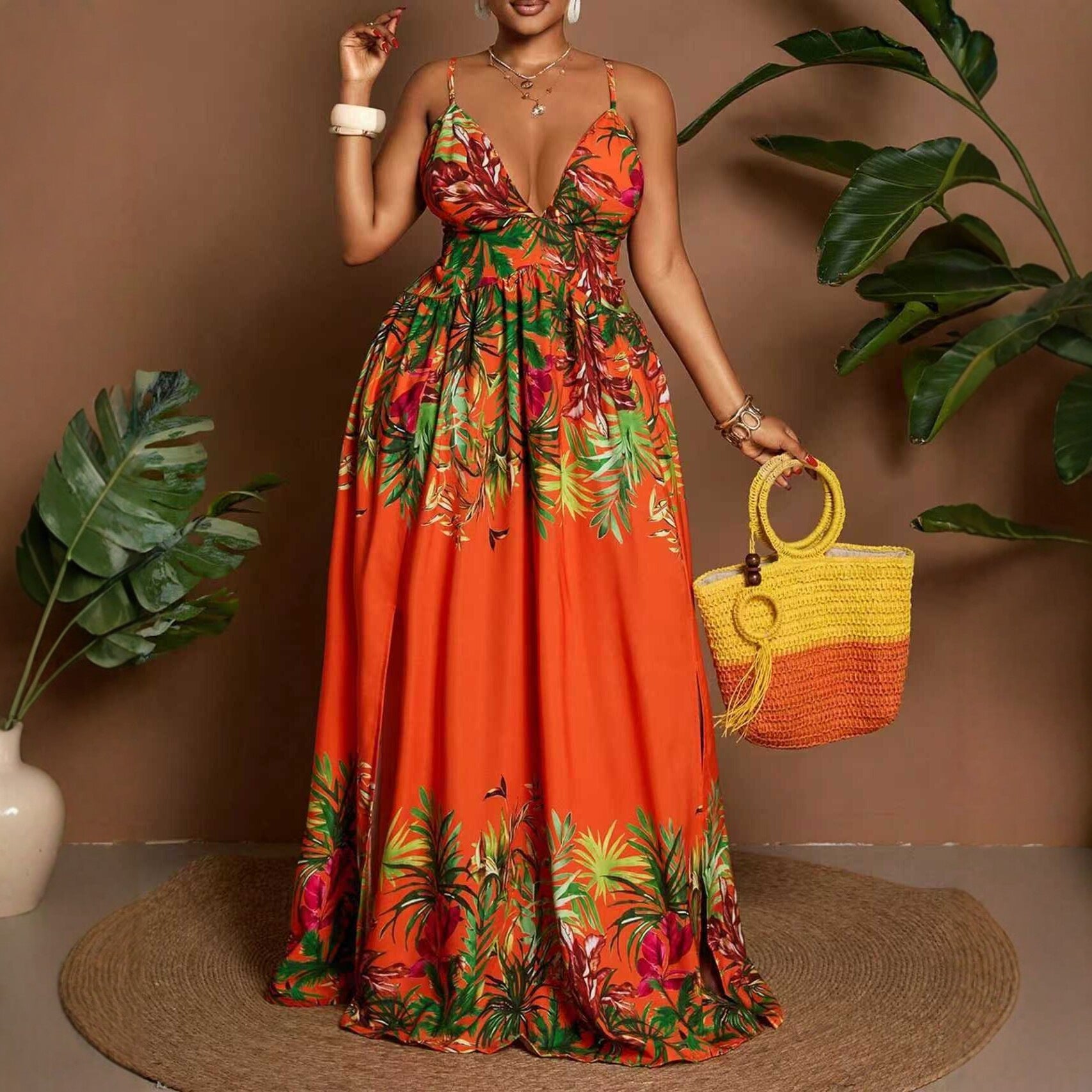 Women's Sleeveless V Neck Strap Dress In Polyester Fabric, Perfect For Travel And Vacation