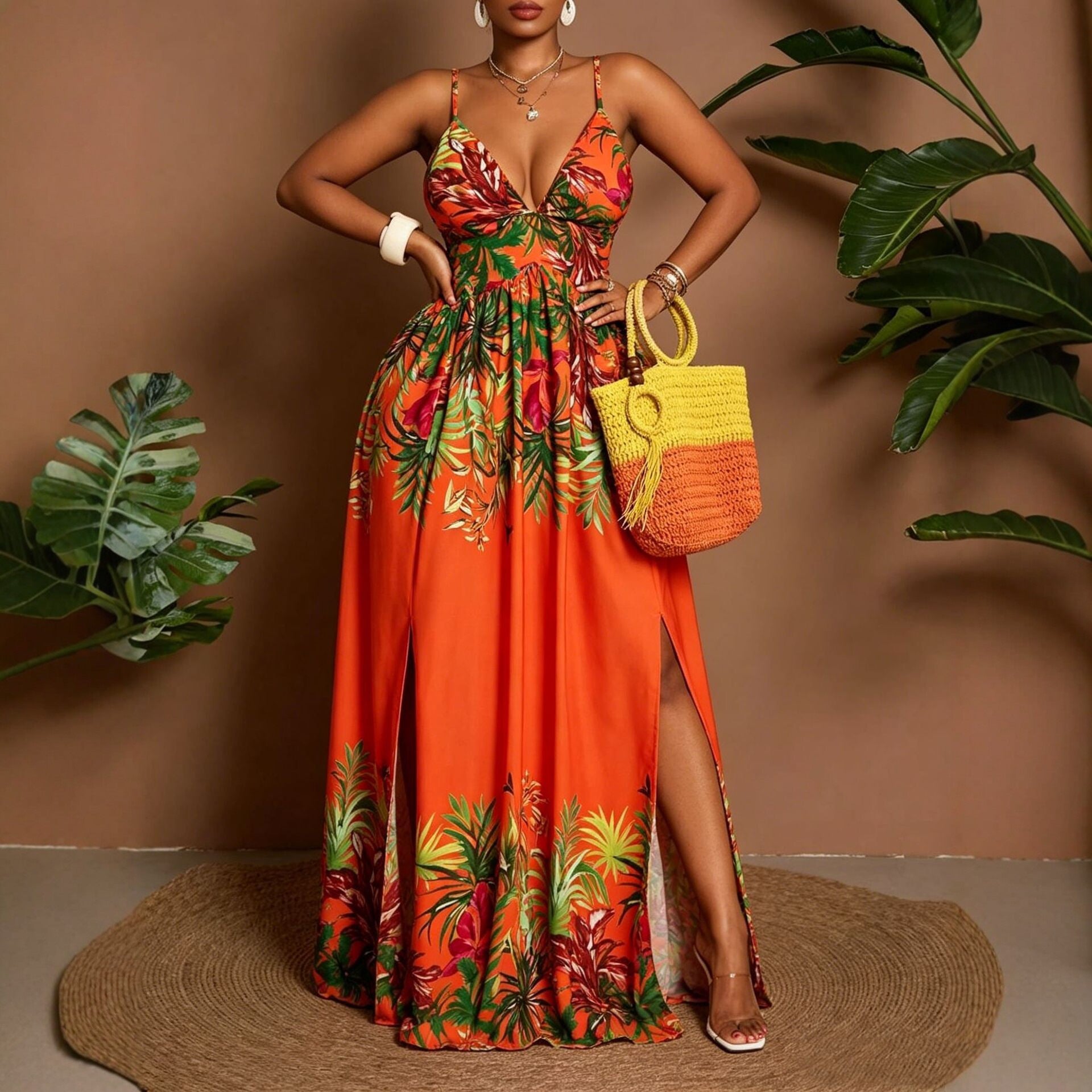 Women's Sleeveless V Neck Strap Dress In Polyester Fabric, Perfect For Travel And Vacation