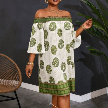 Geometric Women’s Regular Dress With Half Sleeve And Boat Neck In Polyester, Perfect For Vacation And Date