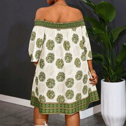 Geometric Women’s Regular Dress With Half Sleeve And Boat Neck In Polyester, Perfect For Vacation And Date