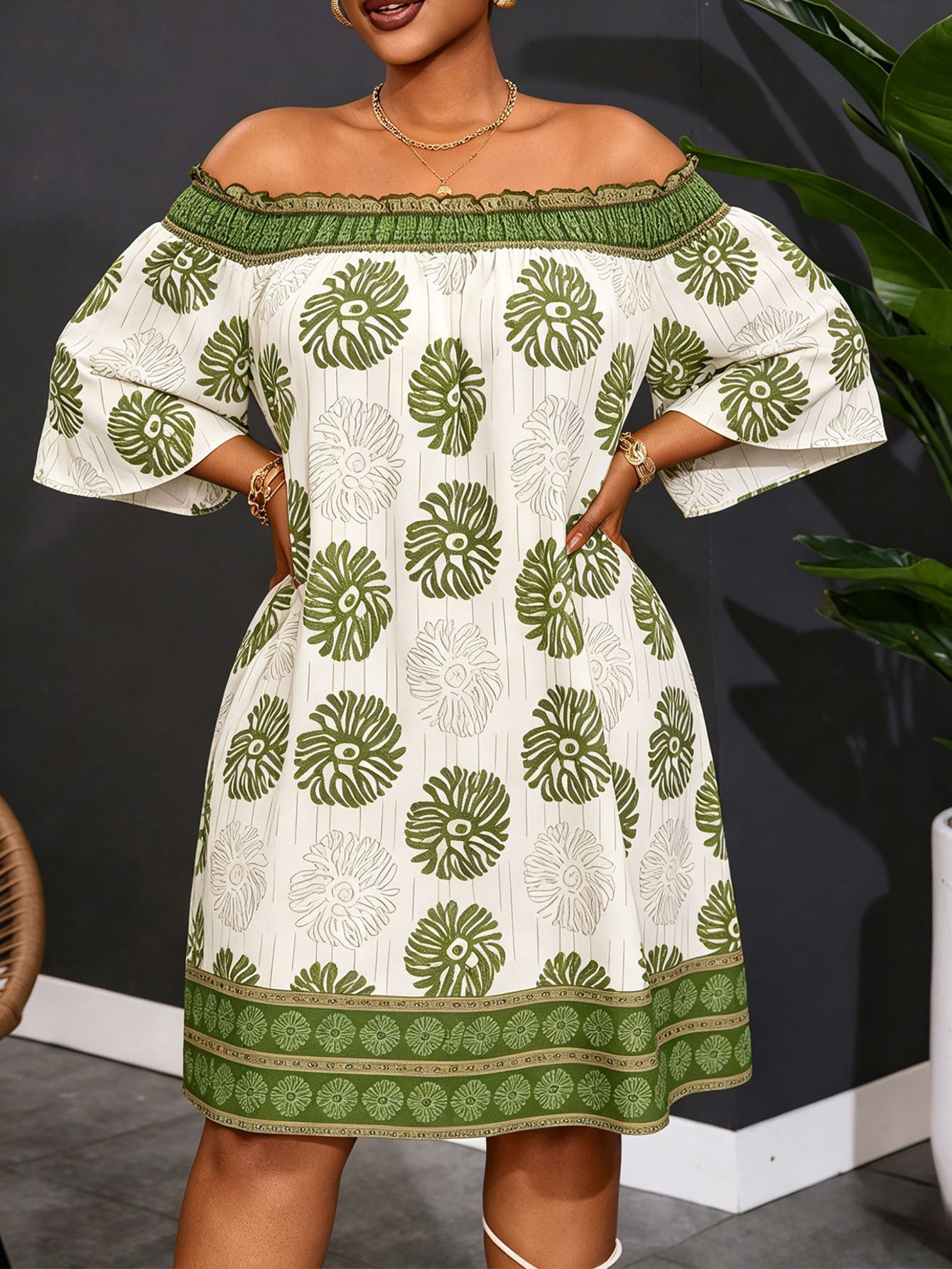 Geometric Women’s Regular Dress With Half Sleeve And Boat Neck In Polyester, Perfect For Vacation And Date