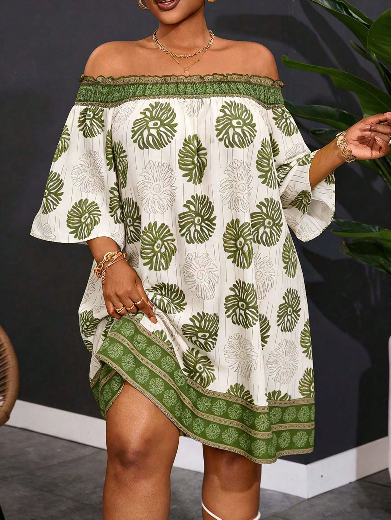 Geometric Women’s Regular Dress With Half Sleeve And Boat Neck In Polyester, Perfect For Vacation And Date