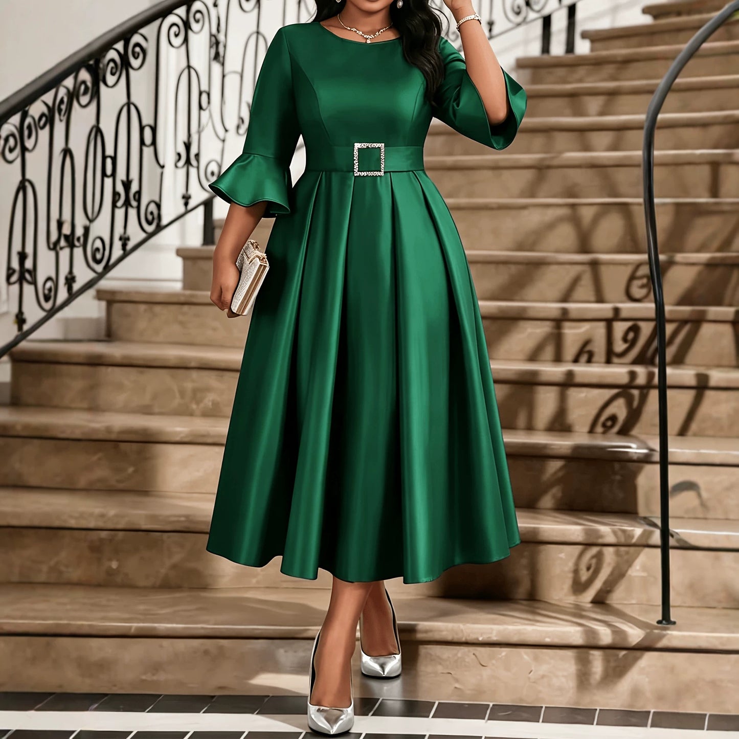 Elegant Women’s Sheath Dress With V Neck And Half Sleeve, Perfect For Date, Made Of Polyester