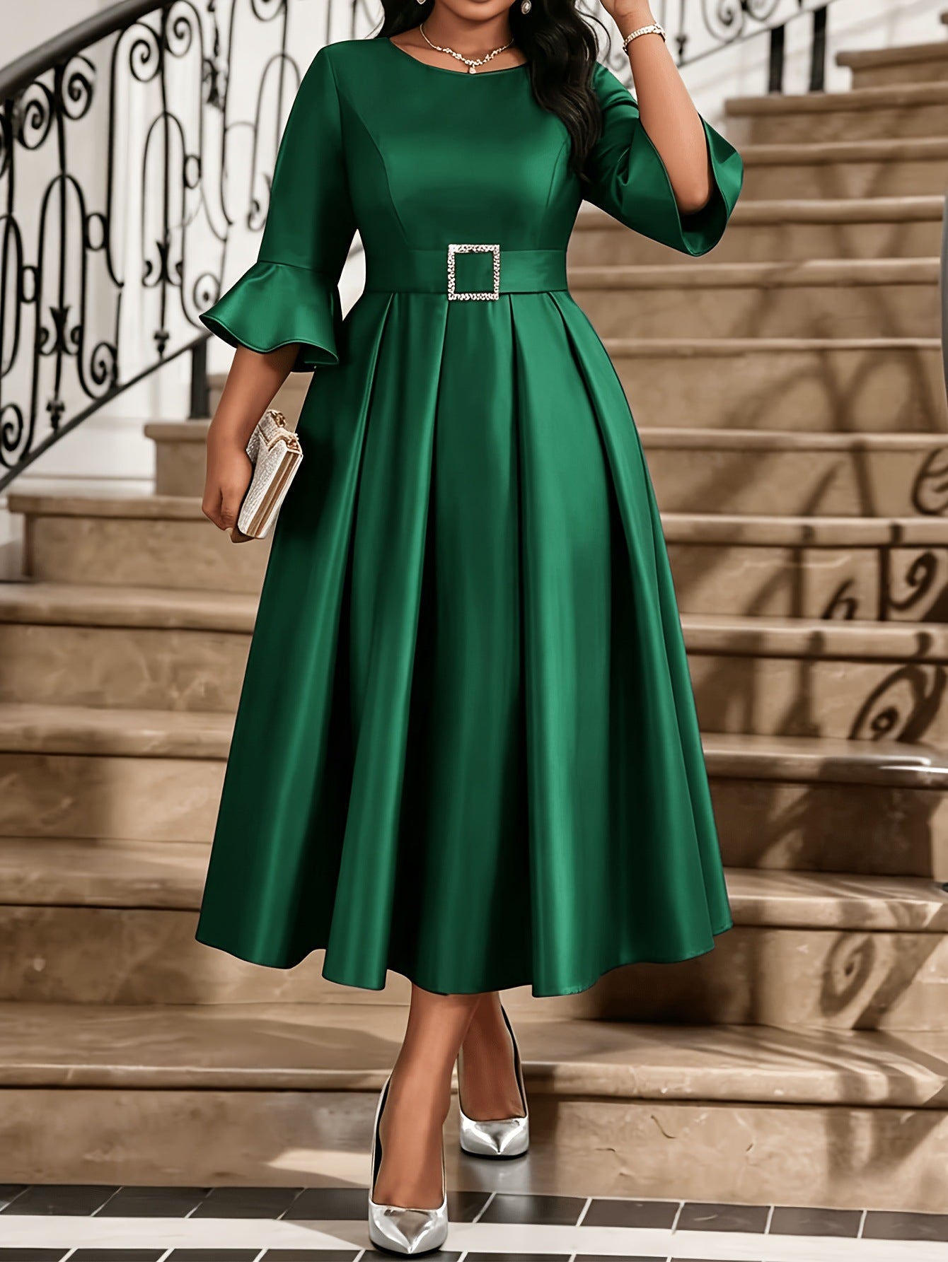 Elegant Women’s Sheath Dress With V Neck And Half Sleeve, Perfect For Date, Made Of Polyester