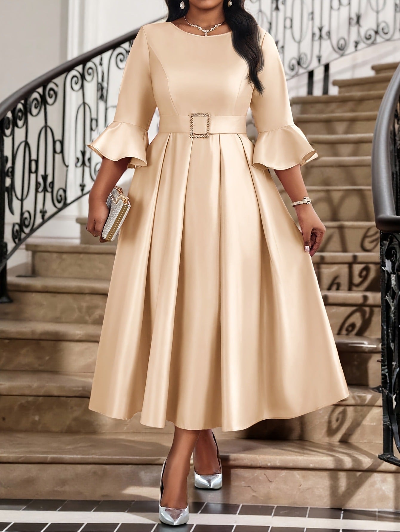 Elegant Women’s Sheath Dress With V Neck And Half Sleeve, Perfect For Date, Made Of Polyester
