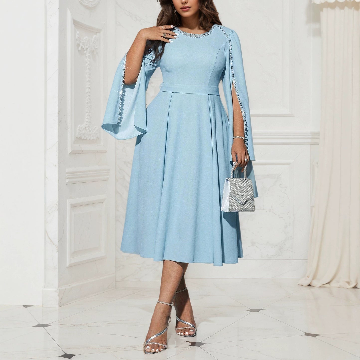 Elegant Women’s Solid Color A-Line Skirt Dress With Long Sleeve And Round Neck, Polyester Fabric, Perfect For Date
