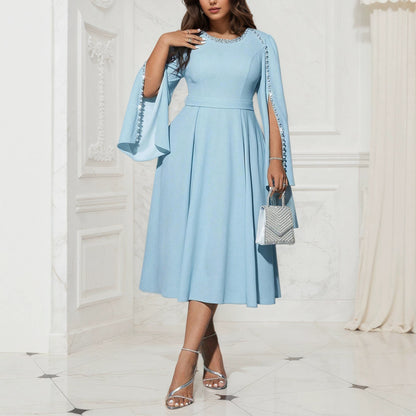 Elegant Women’s Solid Color A-Line Skirt Dress With Long Sleeve And Round Neck, Polyester Fabric, Perfect For Date