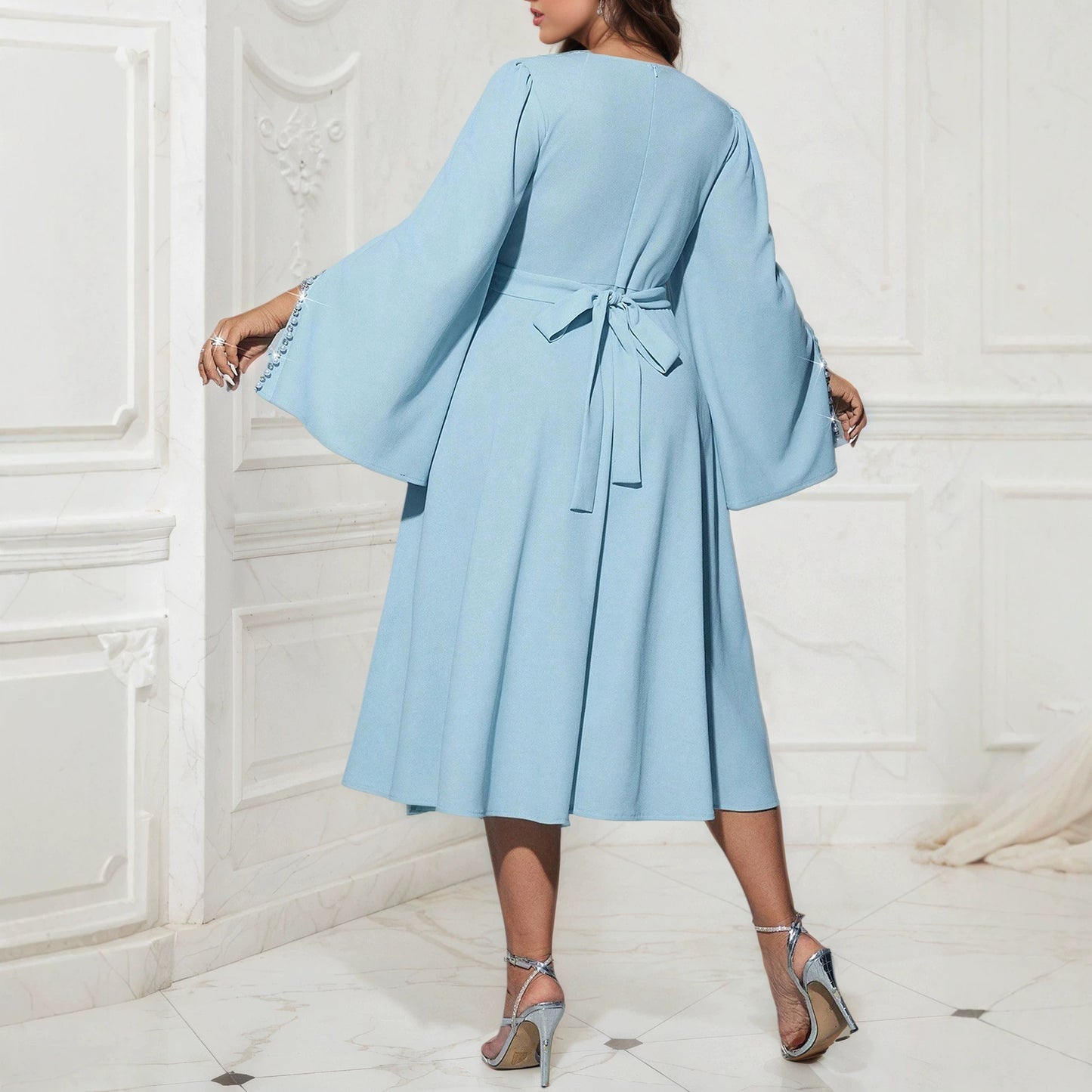 Elegant Women’s Solid Color A-Line Skirt Dress With Long Sleeve And Round Neck, Polyester Fabric, Perfect For Date