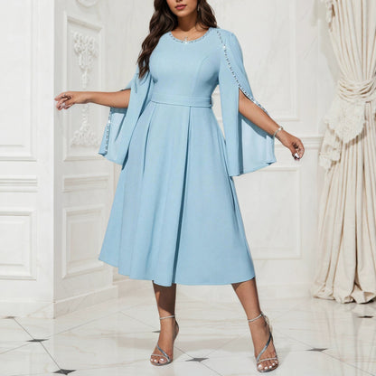 Elegant Women’s Solid Color A-Line Skirt Dress With Long Sleeve And Round Neck, Polyester Fabric, Perfect For Date