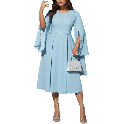 Elegant Women’s Solid Color A-Line Skirt Dress With Long Sleeve And Round Neck, Polyester Fabric, Perfect For Date