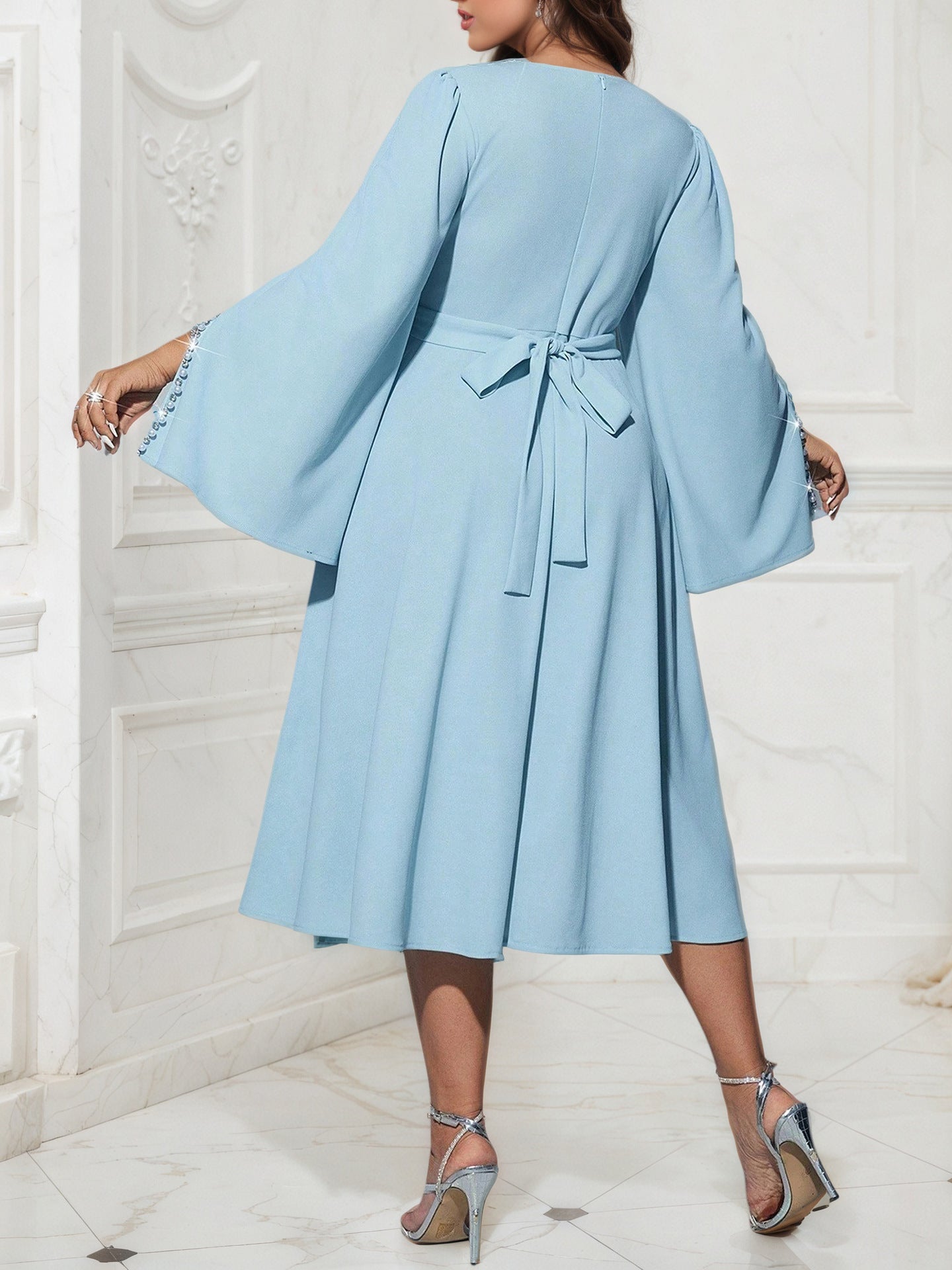 Elegant Women’s Solid Color A-Line Skirt Dress With Long Sleeve And Round Neck, Polyester Fabric, Perfect For Date