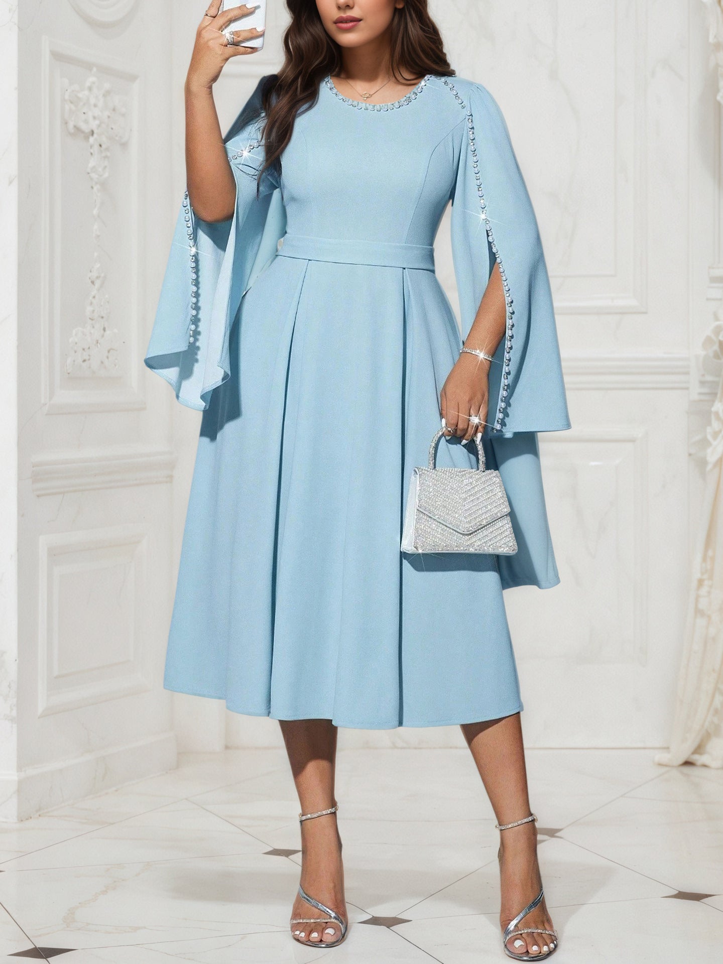 Elegant Women’s Solid Color A-Line Skirt Dress With Long Sleeve And Round Neck, Polyester Fabric, Perfect For Date