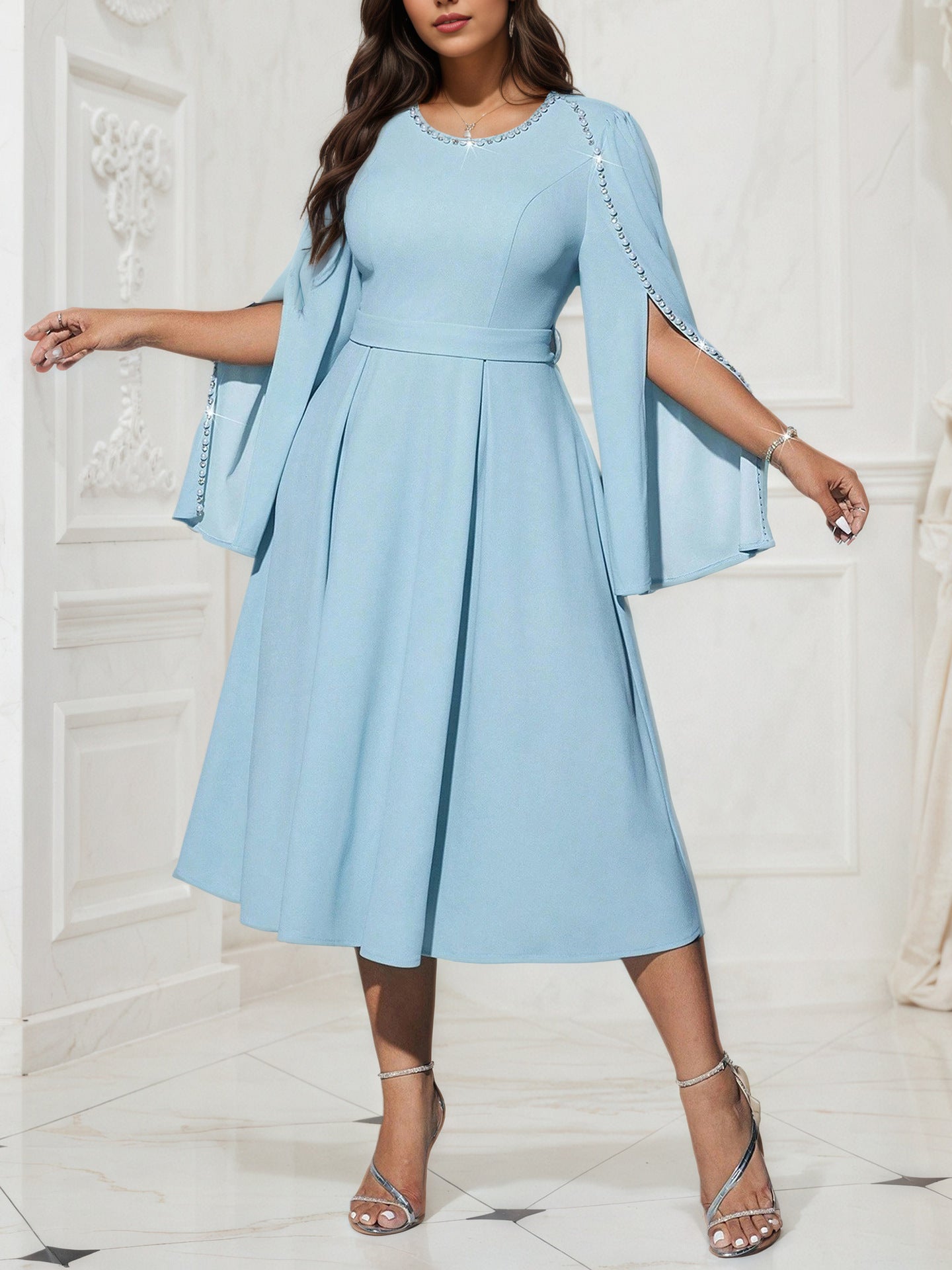 Elegant Women’s Solid Color A-Line Skirt Dress With Long Sleeve And Round Neck, Polyester Fabric, Perfect For Date