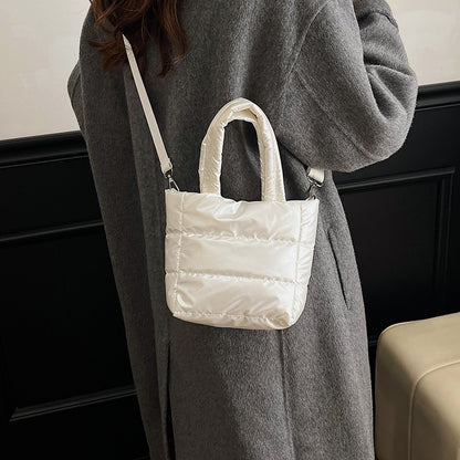 Women’s Polyester Bucket Bag With Sewing Thread Detail, Top Handle Design, Perfect For Winter