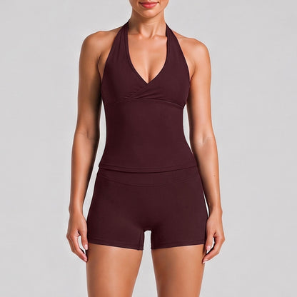 Fitness Running Shorts For Women In High Elasticity Nylon Fabric With Backless Design And Sleeveless Style