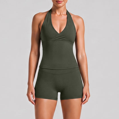 Fitness Running Shorts For Women In High Elasticity Nylon Fabric With Backless Design And Sleeveless Style