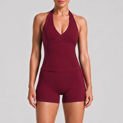 Fitness Running Shorts For Women In High Elasticity Nylon Fabric With Backless Design And Sleeveless Style