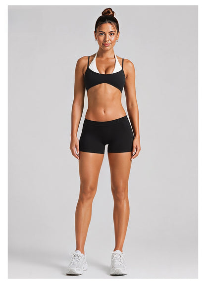 Color Block Sport Shorts For Gym In Nylon Fabric With Contrast Binding, Stretchy Women's Jumpsuit