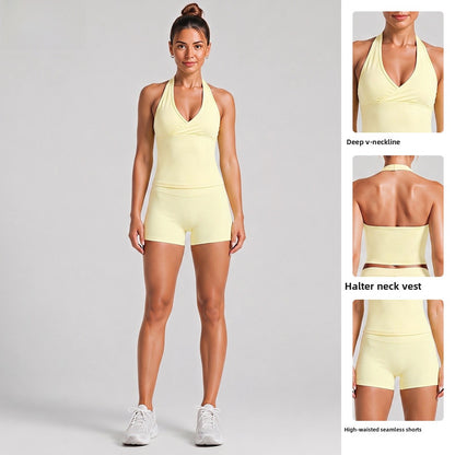 Fitness Running Shorts For Women In High Elasticity Nylon Fabric With Backless Design And Sleeveless Style