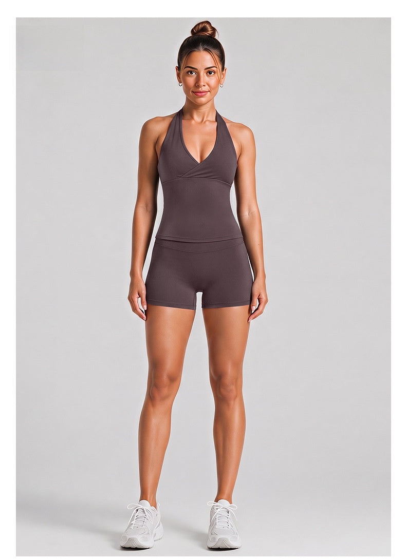 Fitness Running Shorts For Women In High Elasticity Nylon Fabric With Backless Design And Sleeveless Style
