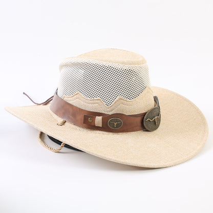 Unisex Solid Color Cowboy Style Straw Hat With Wide Brim, Breathable Design Featuring Braid Craftsmanship