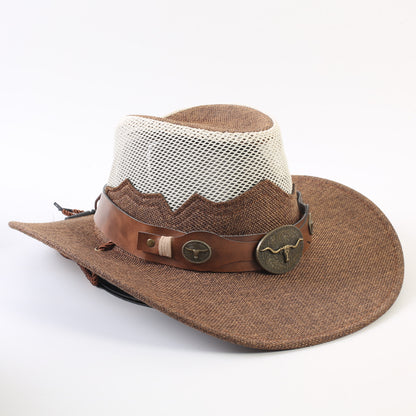 Unisex Solid Color Cowboy Style Straw Hat With Wide Brim, Breathable Design Featuring Braid Craftsmanship