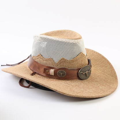 Unisex Solid Color Cowboy Style Straw Hat With Wide Brim, Breathable Design Featuring Braid Craftsmanship