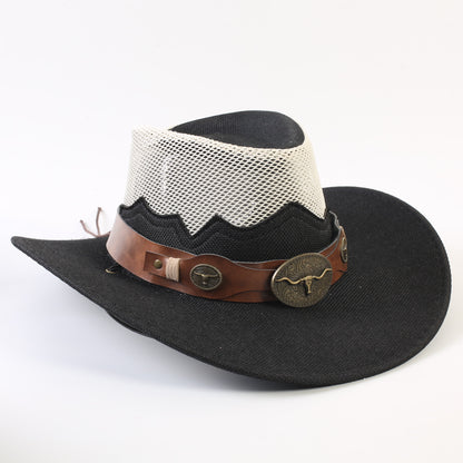 Unisex Solid Color Cowboy Style Straw Hat With Wide Brim, Breathable Design Featuring Braid Craftsmanship