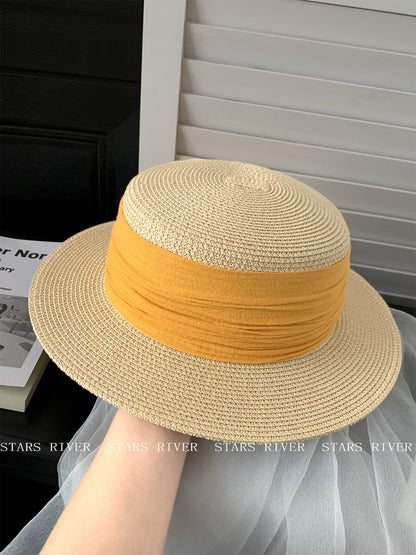 Breathable French Style Women's Straw Hat In Green, Made Of Polyester With Sewing Craftsmanship