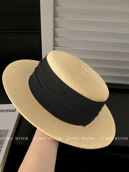 Breathable French Style Women's Straw Hat In Green, Made Of Polyester With Sewing Craftsmanship