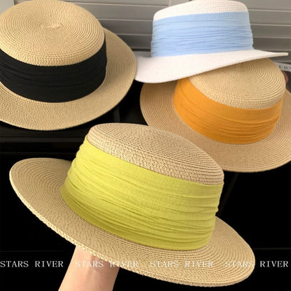 Breathable French Style Women's Straw Hat In Green, Made Of Polyester With Sewing Craftsmanship